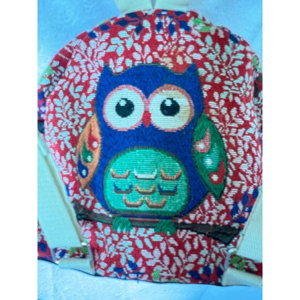 Vintage Whimsy Owl Tapestry Mini Backpack Red Floral Boho Woven Small Rucksack - Picture 10 of 13